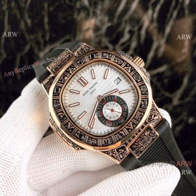 Replica Patek Philippe Nautilus White Face Rose Gold Tattoo Rubber Strap Watch